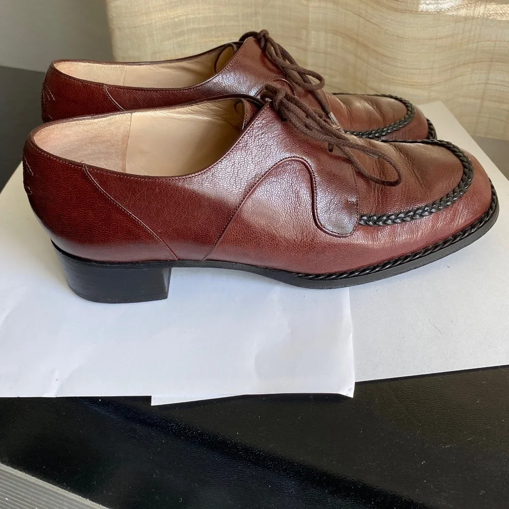 Chanel brown loafers laced black leather dress shoes moccasins 35 France oxfords - Picture 5 of 12
